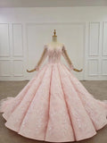 Elegant Ball Gown Pink Long Sleeves Appliques Prom Dresses, Quinceanera SRS20482