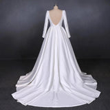 Ball Gown Long Sleeve White Satin Wedding Dresses, Long Simple Wedding Gowns SRS15060