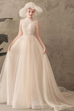 Ivory Jewel Sleeveless Tulle Wedding Dress With Lace A Line Pleats Open Back Bridal STKPXNMNP57