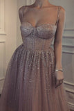 Sexy A-Line Spaghetti Straps Rhinestone Tulle Sweetheart Evening Dresses Pink Formal Dresses STK15329