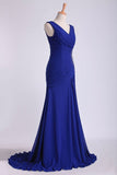 2024 V Neck Pleated Bodice Column Sweep Train Prom Dress PANXC188