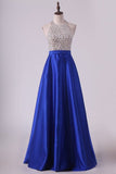 2024 Dark Royal Blue Halter Beaded Bodice Prom Dresses Satin Open PKX1BP5T