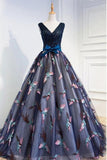 2024 Beautiful Prom Dresses Ball Gown V Neck Lace Beading Bowknot Tulle PC98HKXP