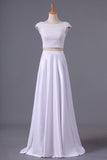 2024 Cap Sleeves Prom Dresses Scoop A Line Beaded Bodice Floor PRLCL9SN