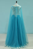 2024 Muslin Prom Dresses With Cape  A-Line Spaghetti Straps Tulle With Gold Applique Floor-Length