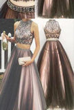 Two pieces A line Beaded Tulle prom dress dresses for prom Long prom dress