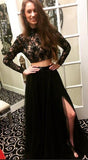 Long Sleeves Modest Black Two Pieces Beaded Lace Long Women Dresses Prom Dresses