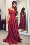 Satin Off the Shoulder A-line Sweep Train Sashes Sweetheart Burgundy Prom Dresses STK13450