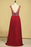 2024 Burgundy Prom Dresses A-Line Scoop Floor-Length Chiffon Beaded PL1DCFR7