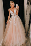 Puffy Deep V Neck Sleeveless Tulle Prom Dresses A Line Appliqued Floor Length Party STKPJ7FHZZE