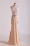 2024 High Neck Prom Dresses Sheath Lace & Spandex Sweep PC7ZB72X