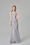 Sexy V Neck Silver Mermaid Prom Dresses, Embroidered Sequins Long Evening Dresses STK15368