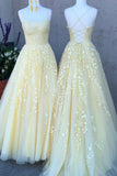 A Line Tulle Yellow Spaghetti Straps Prom Dresses with Appliques, Party STK20385