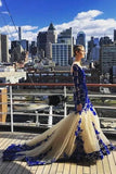 Mermaid Royal Blue Scoop Appliques Tulle Prom Dresses Long Evening STK20464