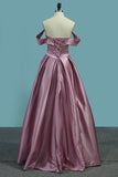 2024 Satin Prom Dresses Off The Shoulder Sweep Train PE27Y2FH