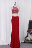 2024 Halter Two-Piece Beaded Bodice Sheath Open Back Prom Dresses Spandex & Tulle Floor P84JHZ8H