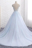 Princess Light Blue Long Ball Gown Lace Tulle Prom Dresses, V Neck Formal Dresses STK15297