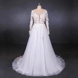 Long Sleeves White A-line Tulle Beach Wedding Dresses with Lace Appliques, Bridal Dress STK15255