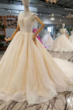 2024 Lace Wedding Dresses Scoop Cap Sleeves Lace Up Back PZM7B5G2