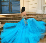 Elegant Off the Shoulder Blue Lace Prom Dresses with Gold Appliques Tulle Party Dresses STK15187