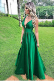 Elegant A Line Green Sexy V Neck Long Satin Backless Prom Dresses, Evening Dresses STK15509