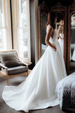 Simple Round Neck Satin Ivory Wedding Dresses with Pockets, Long Wedding Gowns STK15398