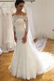 Unique Mermaid Off the Shoulder Ivory Lace 3/4 Sleeves Wedding Dresses, Wedding Gowns STK15460