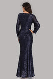 Long Split Sleeve Mermaid V Neck Dark Navy Blue Sequins Prom Dresses, Formal Dress STK15256