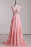 2024 A Line V Neck Prom Dresses Chiffon With Applique Sweep PZA88TGN