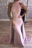 2024 High Neck Satin Mermaid Prom Dresses With Beading P27DGBH5