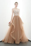 A-Line Spaghetti Straps Tulle Long Appliques Prom Dresses Formal P3ZAJKTR