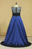 2024 Plus Size Asymmetrical Bateau Prom Dresses Taffeta With Applique And Sash Sweep Train Dark Royal P7LDTA3P