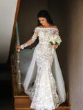 Mermaid Long Sleeve Lace Appliques Off the Shoulder Detachable Train Wedding Dresses STK15262