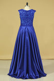 2024 Plus Size A Line Prom Dresses Scoop Dark Royal Blue Satin Cap Sleeves PXZZKEGF