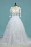 2024 Wedding Dresses V Neck Mid-Length Sleeves Tulle PMCYGHXB