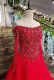 2024 Boat Neck A-Line Red Prom Dresses Tulle Lace Up With Appliques And Bow Knot Beaded Bodice PR12D19S