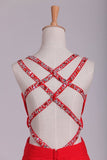 2024 Red A Line Prom Dresses Spaghetti Straps Open Back With Ruffles And PEG3ET39