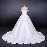 Ball Gown Off the Shoulder White Satin Wedding Dresses, Simple Cheap Wedding Gowns STK15065