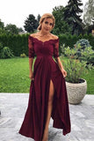 Modest Off the Shoulder Burgundy Bridesmaid Dresses with Slit, Prom STK20427