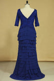 2024 Dark Royal Blue Mother Of The Bride Dresses Chiffon V Neck With 3/4 Length PQHFKK4A