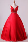 2024 Hot Red Satin Prom Dresses Straps Floor Length Beaded Bodice A PA9ADZEE