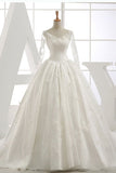 2024 Long Sleeves Wedding Dresses V Neck With Applique Organza Cathedral PTSRQCQ1