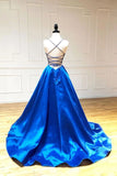 Simple A Line Satin Spaghetti Straps Royal Blue Long V Neck Prom STK15669