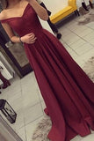 Satin Off the Shoulder A-line Sweep Train Sashes Sweetheart Burgundy Prom Dresses STK13450