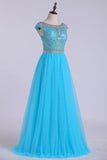 2024 Scoop A-Line Prom Dress Full Beaded Bodice Champagne Tulle Floor Length