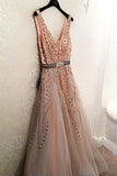 Elegant V Neck Open Back Long Prom Dresses Tulle Party Dresses with Beading