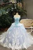 2024 Sky Blue Floral Wedding Dress Shiny Tulle Lace Off The Shoulder Lace Up With P8GMTLKM