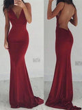 Sexy Backless Cocktail V-Neck Mermaid Spaghetti Straps Sleeveless Burgundy Prom Dresses