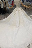 2024 Off-The-Shoulder Ball Gown Lace Lace Up Back Royal Train Wedding Dress PQ25278Y