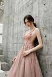 A Line V Neck Pink Beads Straps Prom Dresses Lace up, Long Dance STK20387